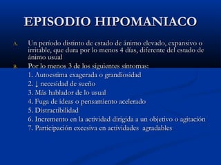 EEPPIISSOODDIIOO HHIIPPOOMMAANNIIAACCOO 
AA.. UUnn ppeerrííooddoo ddiissttiinnttoo ddee eessttaaddoo ddee áánniimmoo eelleevvaaddoo,, eexxppaannssiivvoo oo 
iirrrriittaabbllee,, qquuee dduurraa ppoorr lloo mmeennooss 44 ddííaass,, ddiiffeerreennttee ddeell eessttaaddoo ddee 
áánniimmoo uussuuaall 
BB.. PPoorr lloo mmeennooss 33 ddee llooss ssiigguuiieenntteess ssíínnttoommaass:: 
11.. AAuuttooeessttiimmaa eexxaaggeerraaddaa oo ggrraannddiioossiiddaadd 
22.. ↓↓ nneecceessiiddaadd ddee ssuueeññoo 
33.. MMááss hhaabbllaaddoorr ddee lloo uussuuaall 
44.. FFuuggaa ddee iiddeeaass oo ppeennssaammiieennttoo aacceelleerraaddoo 
55.. DDiissttrraaccttiibbiilliiddaadd 
66.. IInnccrreemmeennttoo eenn llaa aaccttiivviiddaadd ddiirriiggiiddaa aa uunn oobbjjeettiivvoo oo aaggiittaacciióónn 
77.. PPaarrttiicciippaacciióónn eexxcceessiivvaa eenn aaccttiivviiddaaddeess aaggrraaddaabblleess 
 
