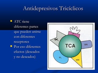 AAnnttiiddeepprreessiivvooss TTrriiccíícclliiccooss 
 AATTCC ttiieennee 
ddiiffeerreenntteess ppaarrtteess 
qquuee ppuueeddeenn uunniirrssee 
ccoonn ddiiffeerreenntteess 
rreecceeppttoorreess 
 PPoorr eessoo ddiiffeerreenntteess 
eeffeeccttooss ((ddeesseeaaddooss 
yy nnoo ddeesseeaaddooss)) 
 