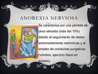 ANOREXIA NERVIOSA
     Se caracteriza por una pérdida de
     peso elevada (más del 15%)
     debido al seguimiento de dietas
     extremadamente restrictivas y al
     empleo de conductas purgativas
     (vómitos, ejercicio físico en
     exceso).
 