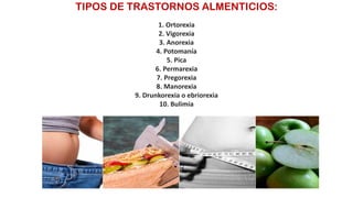 TIPOS DE TRASTORNOS ALMENTICIOS:
1. Ortorexia
2. Vigorexia
3. Anorexia
4. Potomanía
5. Pica
6. Permarexia
7. Pregorexia
8. Manorexia
9. Drunkorexia o ebriorexia
10. Bulimia
 