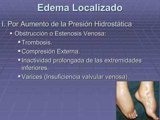 Edema Localizado
I. Por Aumento de la Presión Hidrostática
 Obstrucción o Estenosis Venosa:
Trombosis.
Compresión Externa.
Inactividad prolongada de las extremidades
inferiores.
Varices (Insuficiencia valvular venosa).
 
