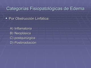 Categorías Fisiopatológicas de Edema
 Por Obstrucción Linfática:
A) Inflamatoria
B) Neoplásica
C) postquirúrgica
D) Postirradiación
 