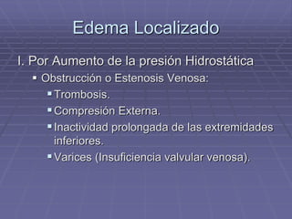 Edema Localizado
I. Por Aumento de la presión Hidrostática
 Obstrucción o Estenosis Venosa:
Trombosis.
Compresión Externa.
Inactividad prolongada de las extremidades
inferiores.
Varices (Insuficiencia valvular venosa).
 