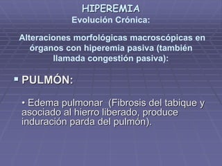 HIPEREMIA
Evolución Crónica:
Alteraciones morfológicas macroscópicas en
órganos con hiperemia pasiva (también
llamada congestión pasiva):
 PULMÓN:
• Edema pulmonar (Fibrosis del tabique y
asociado al hierro liberado, produce
induración parda del pulmón).
 
