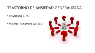 TRASTORNO DE ANSIEDAD GENERALIZADA
• Prevalencia 1,7%
• Mujeres vs hombre r/c 2: 1
 