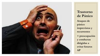 Trastorno
de Pánico
Ataques de
pánico
imprevistos y
recurrentes
+ preocupación
y conductas
dirigidas a
evitar futuros
AP
 