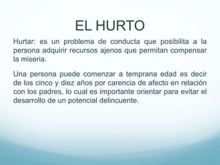 Hurtar: es un problema de conducta que posibilita a la
persona adquirir recursos ajenos que permitan compensar
la miseria.
Una persona puede comenzar a temprana edad es decir
de los cinco y diez años por carencia de afecto en relación
con los padres, lo cual es importante orientar para evitar el
desarrollo de un potencial delincuente.
EL HURTO
 