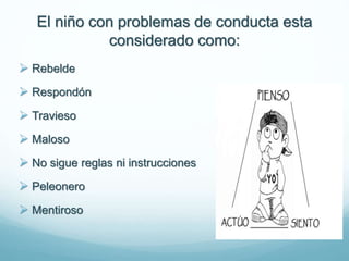 El niño con problemas de conducta esta
considerado como:
 Rebelde
 Respondón
 Travieso
 Maloso
 No sigue reglas ni instrucciones
 Peleonero
 Mentiroso
 