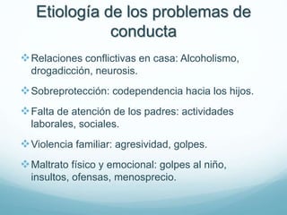 Etiología de los problemas de
conducta
Relaciones conflictivas en casa: Alcoholismo,
drogadicción, neurosis.
Sobreprotección: codependencia hacia los hijos.
Falta de atención de los padres: actividades
laborales, sociales.
Violencia familiar: agresividad, golpes.
Maltrato físico y emocional: golpes al niño,
insultos, ofensas, menosprecio.
 
