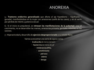 ANOREXIA

5.- Trastorno endócrino generalizado que afecta al eje hipotálamo – hipofisario –
gonadal, manifestándose en la mujer con amenorrea (100% de los casos), y en el varón
por pérdida de interés y potencia sexual.
6.- Si el inicio es prepuberal, se retrasan las manifestaciones de la pubertad: cesa el
crecimiento, no se desarrollan las mamas, amenorrea primaria, genitales infantiles en los
varones.
7.- Hiperactividad y desarrollo de ejercicio desproporcionado a su estado físico.
                       Vamos a encontrar una serie de signos como:
                              • bradicardia de menos de 60/m
                               • hipotermia de menos de 36˚
                                   • intolerancia al frio,
                                     • estreñimiento
                                        • piel seca
                                         • edema
                                         • lanugo
 