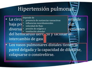 Hipertensión pulmonar
• La circulación pulmonar es un sistema de
baja presión diseñado para acomodar
diversas cantidades d...