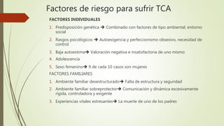 Factores de riesgo para sufrir TCA
FACTORES INDIVIDUALES
1. Predisposición genética  Combinado con factores de tipo ambiental, entorno
social
2. Rasgos psicológicos  Autoexigencia y perfeccionismo obsesivo, necesidad de
control
3. Baja autoestima Valoración negativa e insatisfactoria de uno mismo
4. Adolescencia
5. Sexo femenino 9 de cada 10 casos son mujeres
FACTORES FAMILIARES
1. Ambiente familiar desestructurado Falta de estructura y seguridad
2. Ambiente familiar sobreprotector Comunicación y dinámica excesivamente
rígida, controladora y exigente
3. Experiencias vitales estresantes La muerte de uno de los padres
 