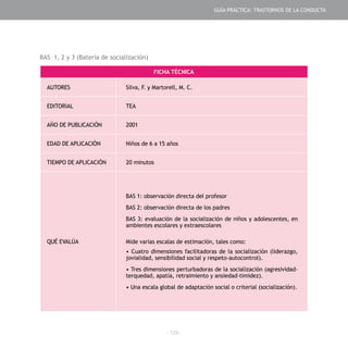 - 129 -
BAS 1, 2 y 3 (Batería de socialización)
FICHA TÉCNICA
AUTORES Silva, F. y Martorell, M. C.
EDITORIAL TEA
AÑO DE PUBLICACIÓN 2001
EDAD DE APLICACIÓN Niños de 6 a 15 años
TIEMPO DE APLICACIÓN 20 minutos
QUÉ EVALÚA
BAS 1: observación directa del profesor
BAS 2: observación directa de los padres
BAS 3: evaluación de la socialización de niños y adolescentes, en
ambientes escolares y extraescolares
Mide varias escalas de estimación, tales como:
• Cuatro dimensiones facilitadoras de la socialización (liderazgo,
jovialidad, sensibilidad social y respeto-autocontrol).
• Tres dimensiones perturbadoras de la socialización (agresividad-
terquedad, apatía, retraimiento y ansiedad-timidez).
• Una escala global de adaptación social o criterial (socialización).
GUÍA PRÁCTICA: TRASTORNOS DE LA CONDUCTA
 