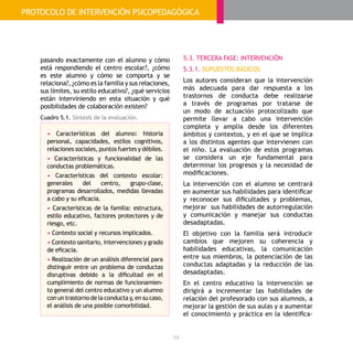 - 68 -
pasando exactamente con el alumno y cómo
está respondiendo el centro escolar?, ¿cómo
es este alumno y cómo se comporta y se
relaciona?, ¿cómo es la familia y sus relaciones,
sus límites, su estilo educativo?, ¿qué servicios
están interviniendo en esta situación y qué
posibilidades de colaboración existen?
Cuadro 5.1. Síntesis de la evaluación.
• Características del alumno: historia
personal, capacidades, estilos cognitivos,
relaciones sociales, puntos fuertes y débiles.
• Características y funcionalidad de las
conductas problemáticas.
• Características del contexto escolar:
generales del centro, grupo-clase,
programas desarrollados, medidas llevadas
a cabo y su eficacia.
• Características de la familia: estructura,
estilo educativo, factores protectores y de
riesgo, etc.
• Contexto social y recursos implicados.
• Contexto sanitario, intervenciones y grado
de eficacia.
• Realización de un análisis diferencial para
distinguir entre un problema de conductas
disruptivas debido a la dificultad en el
cumplimiento de normas de funcionamien-
to general del centro educativo y un alumno
con un trastorno de la conducta y, en su caso,
el análisis de una posible comorbilidad.
5.3. TERCERA FASE: INTERVENCIÓN
5.3.1. SUPUESTOS BÁSICOS
Los autores consideran que la intervención
más adecuada para dar respuesta a los
trastornos de conducta debe realizarse
a través de programas por tratarse de
un modo de actuación protocolizado que
permite llevar a cabo una intervención
completa y amplia desde los diferentes
ámbitos y contextos, y en el que se implica
a los distintos agentes que intervienen con
el niño. La evaluación de estos programas
se considera un eje fundamental para
determinar los progresos y la necesidad de
modificaciones.
La intervención con el alumno se centrará
en aumentar sus habilidades para identificar
y reconocer sus dificultades y problemas,
mejorar sus habilidades de autorregulación
y comunicación y manejar sus conductas
desadaptadas.
El objetivo con la familia será introducir
cambios que mejoren su coherencia y
habilidades educativas, la comunicación
entre sus miembros, la potenciación de las
conductas adaptadas y la reducción de las
desadaptadas.
En el centro educativo la intervención se
dirigirá a incrementar las habilidades de
relación del profesorado con sus alumnos, a
mejorar la gestión de sus aulas y a aumentar
el conocimiento y práctica en la identifica-
PROTOCOLO DE INTERVENCIÓN PSICOPEDAGÓGICA
 