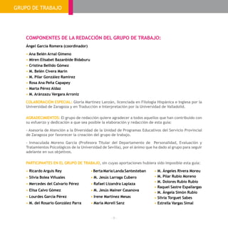 - 8 -
COMPONENTES DE LA REDACCIÓN DEL GRUPO DE TRABAJO:	
Ángel García Romera (coordinador)
• Ana Belén Arnal Gimeno
• Miren Elisabet Bazanbide Bidaburu
• Cristina Bellido Gómez
• M. Belén Civera Marín
• M. Pilar González Ramírez
• Rosa Ana Peña Capapey
• Marta Pérez Aldaz
• M. Aránzazu Vergara Arroniz
COLABORACIÓN ESPECIAL: Gloria Martínez Lanzán, licenciada en Filología Hispánica e Inglesa por la
Universidad de Zaragoza y en Traducción e Interpretación por la Universidad de Valladolid.
AGRADECIMIENTOS: El grupo de redacción quiere agradecer a todos aquellos que han contribuido con
su esfuerzo y dedicación a que sea posible la elaboración y redacción de esta guía:
- Asesoría de Atención a la Diversidad de la Unidad de Programas Educativos del Servicio Provincial
de Zaragoza por favorecer la creación del grupo de trabajo.
- Inmaculada Moreno García (Profesora Titular del Departamento de Personalidad, Evaluación y
Tratamientos Psicológicos de la Universidad de Sevilla), por el ánimo que ha dado al grupo para seguir
adelante en sus objetivos.
PARTICIPANTES EN EL GRUPO DE TRABAJO, sin cuyas aportaciones hubiera sido imposible esta guía:
• Ricardo Arguís Rey
• Silvia Bolea Viñuales
• Mercedes del Calvario Pérez
• Elisa Calvo Gómez
• Lourdes García Pérez
• M. del Rosario González Parra
•BertaMaríaLandaSantesteban
• M. Jesús Larraga Cubero
• Rafael Lizandra Laplaza
• M. Jesús Mainer Casanova
• Irene Martínez Mesas
• María Morell Sanz
• M. Ángeles Rivera Moreu
• M. Pilar Rubio Moreno
• M. Dolores Rubio Rubio
• Raquel Sastre Espallargas
• M. Ángela Simón Rubio
• Silvia Torguet Sabes
• Estrella Vargas Simal
GRUPO DE TRABAJO
 