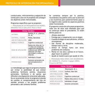 - 90 -
conductuales, reforzamientos y asignación de
tareas para casa con el propósito de conseguir
los objetivos antes mencionados.
Programas específicos que se proponen:
1. PROGRAMADE ENTRENAMIENTO DE PADRES.
MIRANDO HACIA ADELANTE PASO A PASO
La metodología que sigue el programa empieza
por revisar la posibilidad de que existan
problemas familiares previos, situaciones
personales, familiares o de pareja que
dificulten una disposición emocional adecuada.
No se recomienda iniciar el programa tratando
de cambiar el comportamiento del hijo sin
atender primero a los propios problemas
personales o del contexto familiar.
Se comienza siempre por lo positivo,
recordando a los padres cómo usar la atención
y los incentivos para posteriormente pasar a
lo negativo sólo cuando los aspectos positivos
están funcionando.
El programa consta de ocho pasos progresivos,
cada uno de ellos está diseñado para que
se construya sobre el precedente. El orden
dichos pasos es:
1.	¡Preste atención!
2.	Consiga paz y cooperación con el elogio.
3.	Cuando el elogio no sea suficiente, ofrezca
recompensas.
4.	Use formas de disciplina moderadas,
tiempo fuera y otras.
5.	Utilice el tiempo fuera con otros
problemas de conducta.
6.	Piense en voz alta y piense en el futuro.
¿Qué hacer en público?
7.	Ayude al maestro para que ayude al niño.
2. PROGRAMA PARA NIÑOS CON DESÓRDENES
DE CONDUCTA. (Fuente: Cagigal (2004).
Proyecto METRA)
FICHA TÉCNICA
AUTOR Bloomquist, M. L.
EDITORIAL, CIUDAD Guilford, New York
AÑO PUBLICACIÓN 1996
MODELO TEÓRICO Cognitivo-conductual
EDAD APLICACIÓN Padres niños entre 2-12 años
MODO APLICACIÓN Individual o Grupal
PERIODICIDAD Sesiones semanales
FICHA TÉCNICA
AUTORES
Barkley, R. A. y Benton,
Ch. M.
EDITORIAL, CIUDAD Paidos, Barcelona
AÑO DE PUBLICACIÓN 2002
MODELO TEÓRICO Cognitivo-conductual
EDAD DE APLICACIÓN
Padres de niños de 2 a
11 años con trastorno
negativista desafiante,
trastorno por déficit de
atención con hipe-
ractividad y trastorno
disocial.
MODO DE APLICACIÓN Individual o Grupal
PERIODICIDAD
Sesiones semanales de
aproximadamente 2
horas
PROTOCOLO DE INTERVENCIÓN PSICOPEDAGÓGICA
 