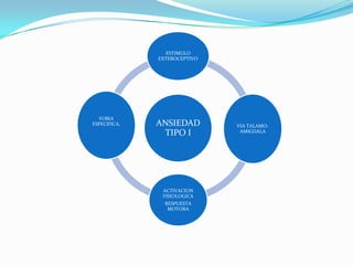 ESTIMULO
              EXTEROCEPTIVO




  FOBIA
ESPECIFICA,   ANSIEDAD        VIA TALAMO-
               TIPO I          AMIGDALA




               ACTIVACION
               FISIOLOGICA
                RESPUESTA
                 MOTORA
 