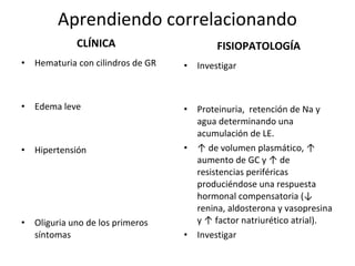 CLÍNICA
• Hematuria con cilindros de GR
• Edema leve
• Hipertensión
• Oliguria uno de los primeros
síntomas
FISIOPATOLOGÍA
• Investigar
• Proteinuria, retención de Na y
agua determinando una
acumulación de LE.
• ↑ de volumen plasmático, ↑
aumento de GC y ↑ de
resistencias periféricas
produciéndose una respuesta
hormonal compensatoria (↓
renina, aldosterona y vasopresina
y ↑ factor natriurético atrial).
• Investigar
Aprendiendo correlacionando
 