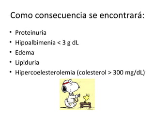 Como consecuencia se encontrará:
• Proteinuria
• Hipoalbimenia < 3 g dL
• Edema
• Lipiduria
• Hipercoelesterolemia (colesterol > 300 mg/dL)
 