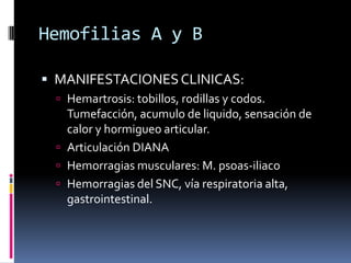 Hemofilias A y BMANIFESTACIONES CLINICAS:Hemartrosis: tobillos, rodillas y codos. Tumefacción, acumulo de liquido, sensación de calor y hormigueo articular.Articulación DIANAHemorragias musculares: M. psoas-iliaco Hemorragias del SNC, vía respiratoria alta, gastrointestinal.