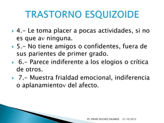 







4.- Le toma placer a pocas actividades, si no
es que a ninguna.
5.- No tiene amigos o confidentes, fuera de
sus parientes de primer grado.
6.- Parece indiferente a los elogios o crítica
de otros.
7.- Muestra frialdad emocional, indiferencia
o aplanamiento del afecto.

PS. DAVID VILCHEZ GALARZA

21/10/2013

 