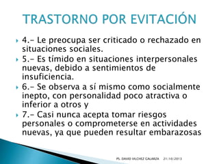 






4.- Le preocupa ser criticado o rechazado en
situaciones sociales.
5.- Es tímido en situaciones interpersonales
nuevas, debido a sentimientos de
insuficiencia.
6.- Se observa a sí mismo como socialmente
inepto, con personalidad poco atractiva o
inferior a otros y
7.- Casi nunca acepta tomar riesgos
personales o comprometerse en actividades
nuevas, ya que pueden resultar embarazosas
PS. DAVID VILCHEZ GALARZA

21/10/2013

 