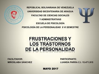 REPÚBLICAL BOLIVARIANA DE VENEZUELA
UNIVERSIDAD BICENTENARIA DE ARAGUA
FACULTAD DE CIENCIAS SOCIALES
Y ADMINISTRATIVAS
ESCUELA DE PSICOLOGÍA
PSICOLOGÍA DE LA PERSONALIDAD II VI SEMESTRE
FACILITADOR: PARTICIPANTE:
MIROSLABA SÁNCHEZ LUANDA PARRA C.I. 15.471.915
MAYO 2017
 