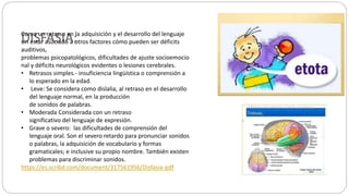 DISFASIA:Como un retraso en la adquisición y el desarrollo del lenguaje
sin estar asociado a otros factores cómo pueden ser déficits
auditivos,
problemas psicopatológicos, dificultades de ajuste socioemocio
nal y déficits neurológicos evidentes o lesiones cerebrales.
• Retrasos simples.- insuficiencia lingüística o comprensión a
lo esperado en la edad.
• Leve: Se considera como dislalia, al retraso en el desarrollo
del lenguaje normal, en la producción
de sonidos de palabras.
• Moderada Considerada con un retraso
significativo del lenguaje de expresión.
• Grave o severo: las dificultades de comprensión del
lenguaje oral. Son el severo retardo para pronunciar sonidos
o palabras, la adquisición de vocabulario y formas
gramaticales; e inclusive su propio nombre. También existen
problemas para discriminar sonidos.
https://es.scribd.com/document/317561956/Disfasia-pdf
 