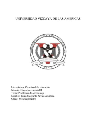 UNIVERSIDAD VIZCAYA DE LAS AMERICAS




Licenciatura: Ciencias de la educación
Materia: Educacion especial II
Tema: Problemas de aprendizaje
Nombre: Tania Margarita Zavala Alvarado
Grado: 8vo cuatrimestre
 