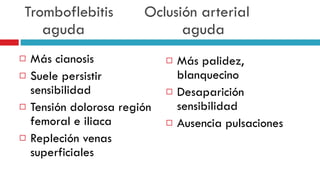 Tromboflebitis  Oclusi ó n arterial   aguda  aguda M á s cianosis Suele persistir sensibilidad Tensi ó n dolorosa regi ó n femoral e iliaca Repleci ó n venas superficiales M á s palidez, blanquecino Desaparici ó n sensibilidad Ausencia pulsaciones 