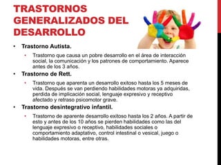 TRASTORNOS
GENERALIZADOS DEL
DESARROLLO
• Trastorno Autista.
• Trastorno que causa un pobre desarrollo en el área de interacción
social, la comunicación y los patrones de comportamiento. Aparece
antes de los 3 años.
• Trastorno de Rett.
• Trastorno que aparenta un desarrollo exitoso hasta los 5 meses de
vida. Después se van perdiendo habilidades motoras ya adquiridas,
perdida de implicación social, lenguaje expresivo y receptivo
afectado y retraso psicomotor grave.
• Trastorno desintegrativo infantil.
• Trastorno de aparente desarrollo exitoso hasta los 2 años. A partir de
esto y antes de los 10 años se pierden habilidades como las del
lenguaje expresivo o receptivo, habilidades sociales o
comportamiento adaptativo, control intestinal o vesical, juego o
habilidades motoras, entre otras.
 