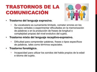 TRASTORNOS DE LA
COMUNICACIÓN
• Trastorno del lenguaje expresivo.
• Su vocabulario es sumamente limitado, cometer errores en los
tiempos verbales o experimentar dificultades en la memorización
de palabras o en la producción de frases de longitud o
complejidad propias del nivel evolutivo del sujeto.
• Trastorno mixto del lenguaje receptivo-expresivo.
• Dificultad para comprender palabras, frases o tipos específicos
de palabras, tales como términos espaciales.
• Trastorno fonológico.
• Incapacidad para utilizar los sonidos del habla propios de la edad
e idioma del sujeto.
 