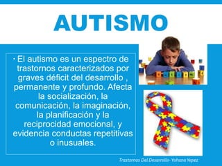 AUTISMO 
El autismo es un espectro de trastornos caracterizados por graves déficit del desarrollo , permanente y profundo. Afecta la socialización, la comunicación, la imaginación, la planificación y la reciprocidad emocional, y evidencia conductas repetitivas o inusuales. 
Trastornos Del Desarrollo-Yohana Yepez 
 