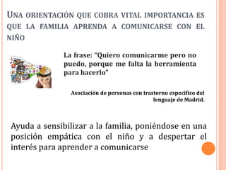 UNA ORIENTACIÓN QUE COBRA VITAL IMPORTANCIA ES
QUE LA FAMILIA APRENDA A COMUNICARSE CON EL
NIÑO
Ayuda a sensibilizar a la familia, poniéndose en una
posición empática con el niño y a despertar el
interés para aprender a comunicarse
La frase: “Quiero comunicarme pero no
puedo, porque me falta la herramienta
para hacerlo”
Asociación de personas con trastorno específico del
lenguaje de Madrid.
 