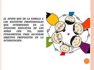 EL APOYO QUE DE LA FAMILIA A
LOS DISTINTOS PROFESIONALES
QUE INTERVIENEN EN LA
ATENCION EDUCATIVA DE LOS
NIÑOS CON TEL, SERÁ
FUNDAMENTAL PARA ALCANZAR
OBJETIVO PROPUESTOS EN LA
INTERVENCIÓN .
 