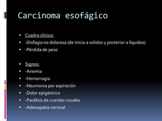 Carcinoma esofágico
 Cuadro clinico:
 -Disfagia no dolorosa (de inicio a solidos y posterior a líquidos)
 -Pérdida de peso
 Signos:
 -Anemia
 -Hemorragia
 -Neumonia por aspiración
 -Dolor epigástrico
 -Parálisis de cuerdas vocales
 -Adenopatia cervical
 