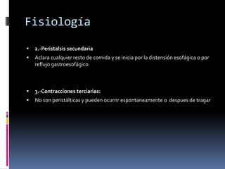 Fisiología
 2.-Peristalsis secundaria
 Aclara cualquier resto de comida y se inicia por la distensión esofágica o por
reflujo gastroesofágico
 3.-Contracciones terciarias:
 No son peristálticas y pueden ocurrir espontaneamente o despues de tragar
 