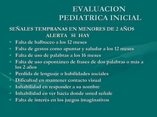 EVALUACION  PEDIATRICA INICIAL SEÑALES TEMPRANAS EN MENORES DE 2 AÑOS ALERTA  SI  HAY Falta de balbuceo a los 12 meses  Falta de gestos como apuntar y saludar a los 12 meses  Falta de uso de palabras a los 16 meses  Falta de uso espontáneo de frases de dos palabras o más a los 2 años  Perdida de lenguaje o habilidades sociales  Dificultad en mantener contacto visual  Inhabilidad en responder a su nombre  Inhabilidad en ver hacia donde usted señale  Falta de interés en los juegos imaginativos 