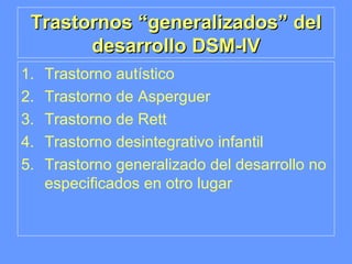 Trastornos “generalizados” del desarrollo DSM-IV Trastorno autístico Trastorno de Asperguer Trastorno de Rett Trastorno desintegrativo infantil Trastorno generalizado del desarrollo no especificados en otro lugar 