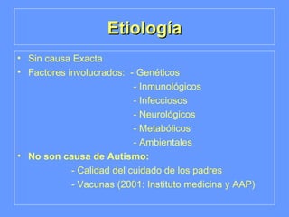 Etiología Sin causa Exacta Factores involucrados:  - Genéticos - Inmunológicos - Infecciosos - Neurológicos - Metabólicos - Ambientales No son causa de Autismo:  -   Calidad del cuidado de los padres - Vacunas (2001: Instituto medicina y AAP) 