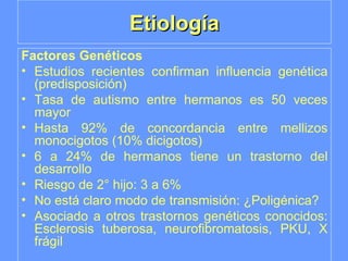 Etiología Factores Genéticos Estudios recientes confirman influencia genética (predisposición) Tasa de autismo entre hermanos es 50 veces mayor Hasta 92% de concordancia entre mellizos monocigotos (10% dicigotos) 6 a 24% de hermanos tiene un trastorno del desarrollo Riesgo de 2° hijo: 3 a 6% No está claro modo de transmisión: ¿Poligénica? Asociado a otros trastornos genéticos conocidos: Esclerosis tuberosa, neurofibromatosis, PKU, X frágil 