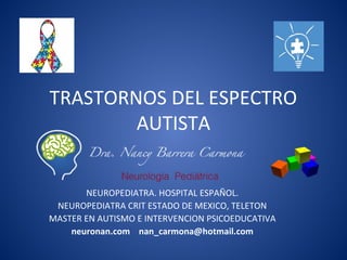 TRASTORNOS DEL ESPECTRO
AUTISTA
NEUROPEDIATRA. HOSPITAL ESPAÑOL.
NEUROPEDIATRA CRIT ESTADO DE MEXICO, TELETON
MASTER EN AUTISMO E INTERVENCION PSICOEDUCATIVA
neuronan.com nan_carmona@hotmail.com
 