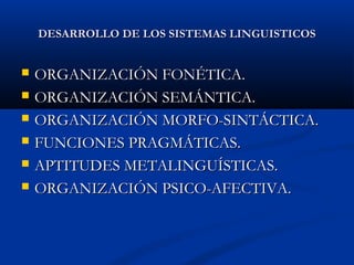 D DESARROLLO DEE LLOOSS SSIISSTTEEMMAASS LLIINNGGUUIISSTTIICCOOSS 
 OORRGGAANNIIZZAACCIIÓÓNN FFOONNÉÉTTIICCAA.. 
 OORRGGAANNIIZZAACCIIÓÓNN SSEEMMÁÁNNTTIICCAA.. 
 OORRGGAANNIIZZAACCIIÓÓNN MMOORRFFOO--SSIINNTTÁÁCCTTIICCAA.. 
 FFUUNNCCIIOONNEESS PPRRAAGGMMÁÁTTIICCAASS.. 
 AAPPTTIITTUUDDEESS MMEETTAALLIINNGGUUÍÍSSTTIICCAASS.. 
 OORRGGAANNIIZZAACCIIÓÓNN PPSSIICCOO--AAFFEECCTTIIVVAA.. 
 