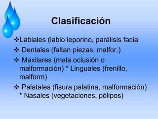 Clasificación
Labiales (labio leporino, parálisis facia
 Dentales (faltan piezas, malfor.)
 Maxilares (mala oclusión o
malformación) * Linguales (frenillo,
malform)
 Palatales (fisura palatina, malformación)
* Nasales (vegetaciones, pólipos)
 