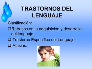 TRASTORNOS DEL
LENGUAJE
Clasificación:
Retrasos en la adquisición y desarrollo
del lenguaje.
 Trastorno Específico del Lenguaje.
 Afasias.
 
