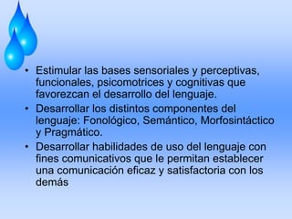 • Estimular las bases sensoriales y perceptivas,
funcionales, psicomotrices y cognitivas que
favorezcan el desarrollo del lenguaje.
• Desarrollar los distintos componentes del
lenguaje: Fonológico, Semántico, Morfosintáctico
y Pragmático.
• Desarrollar habilidades de uso del lenguaje con
fines comunicativos que le permitan establecer
una comunicación eficaz y satisfactoria con los
demás
 
