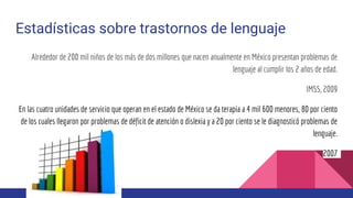 Estadísticas sobre trastornos de lenguaje
Alrededor de 200 mil niños de los más de dos millones que nacen anualmente en México presentan problemas de
lenguaje al cumplir los 2 años de edad.
IMSS, 2009
En las cuatro unidades de servicio que operan en el estado de México se da terapia a 4 mil 600 menores, 80 por ciento
de los cuales llegaron por problemas de déficit de atención o dislexia y a 20 por ciento se le diagnosticó problemas de
lenguaje.
2007
 