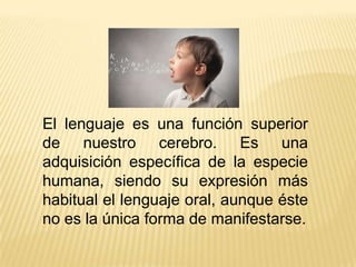 El lenguaje es una función superior
de nuestro cerebro. Es una
adquisición específica de la especie
humana, siendo su expresión más
habitual el lenguaje oral, aunque éste
no es la única forma de manifestarse.
 