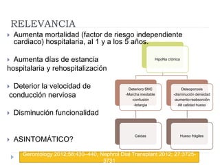 HipoNa crónica
Deterioro SNC
-Marcha inestable
-confusión
-letargia
Caidas
Osteoporosis
-disminución densidad
-aumento reabsorción
Alt calidad hueso
Hueso frágiles
RELEVANCIA
 Aumenta mortalidad (factor de riesgo independiente
cardiaco) hospitalaria, al 1 y a los 5 años.
 Aumenta días de estancia
hospitalaria y rehospitalización
 Deterior la velocidad de
conducción nerviosa
 Disminución funcionalidad
 ASINTOMÁTICO?
Gerontology 2012;58:430–440, Nephrol Dial Transplant 2012; 27:3725-
3731
 