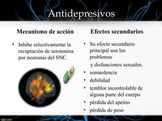 Antidepresivos
Mecanismo de acción
• Inhibe selectivamente la
recaptación de serotonina
por neuronas del SNC.
Efectos secundarios
• Su efecto secundario
principal son los
problemas
y disfunciones sexuales.
• somnolencia
• debilidad
• temblor incontrolable de
alguna parte del cuerpo
• pérdida del apetito
• pérdida de peso
 